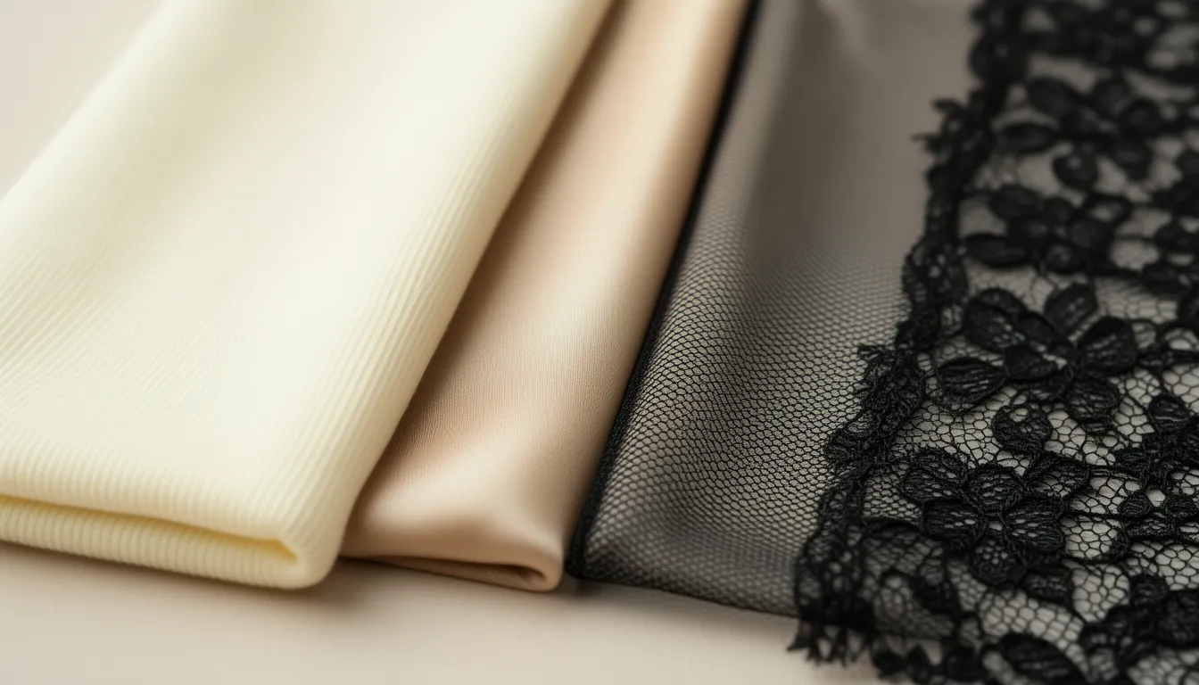 Four bodysuit fabric swatches side by side: cotton-blend knit, smooth microfibre, sheer mesh and black floral lace