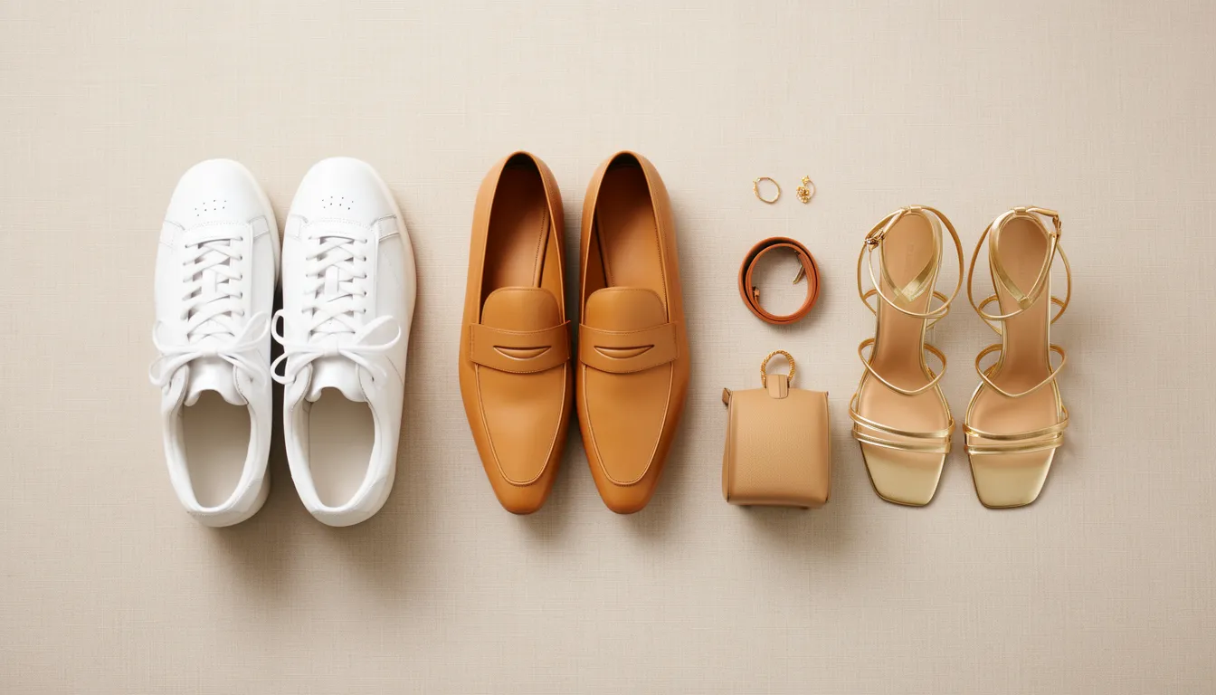 Flat-lay of white trainers, tan loafers and gold heeled sandals with a belt and handbag showing how shoes change a bodysuit outfit