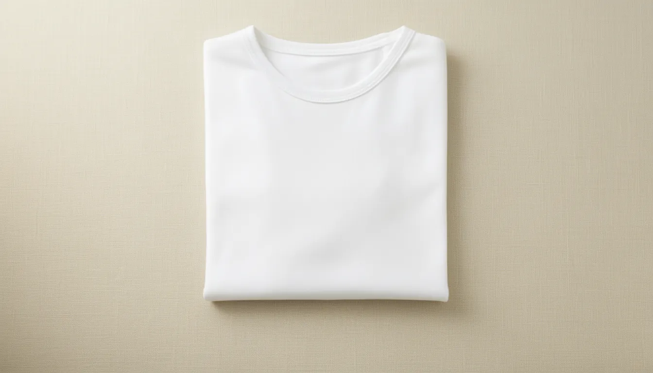 Neatly folded white cotton bodysuit on a pale neutral linen surface