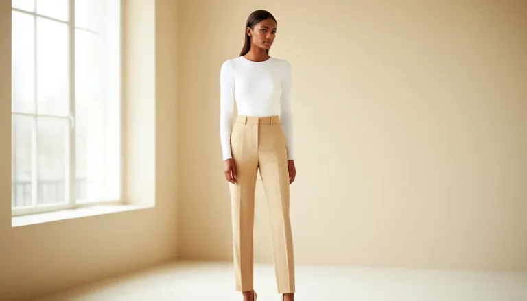Woman wearing a fitted white long-sleeve bodysuit tucked into high-waisted beige tailored trousers