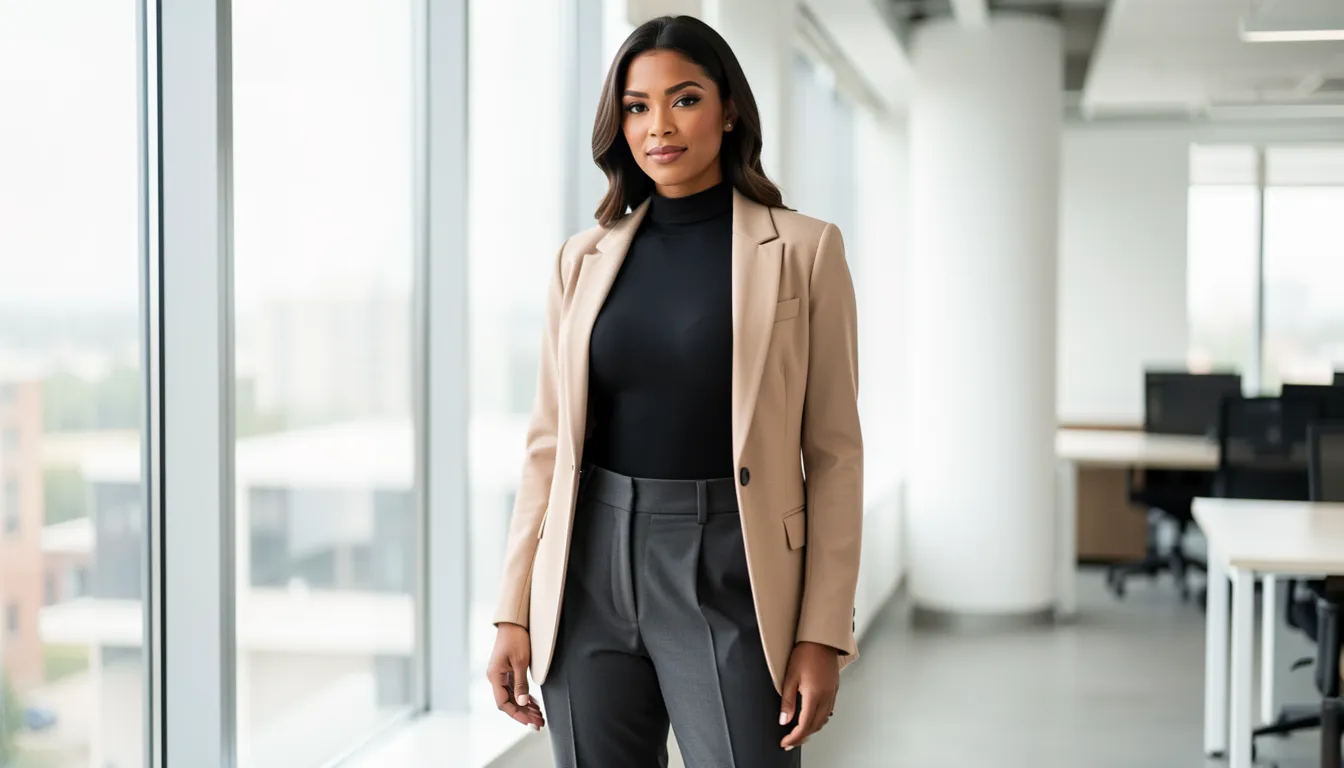 Woman wearing a black mock-neck bodysuit tucked into tailored trousers with a beige blazer for a polished work outfit
