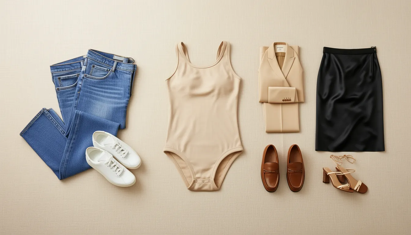 Flat-lay of one bodysuit styled three ways: with jeans and trainers, tailored trousers and a blazer, and a satin slip skirt with heels