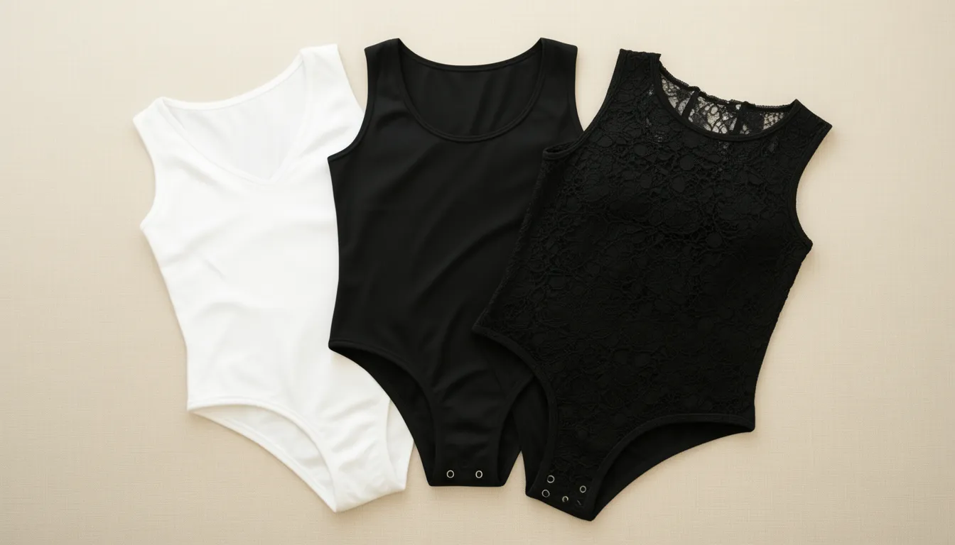 Three women's bodysuits laid flat — a white V-neck, a black scoop-neck and a black lace mock-neck — with the gusset closure visible