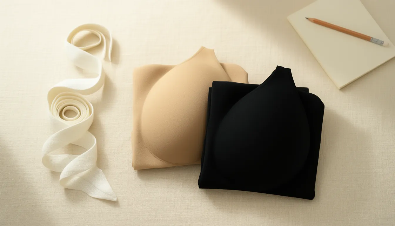 Measuring tape curled beside two folded neutral bras and a notepad, ready for taking bra measurements