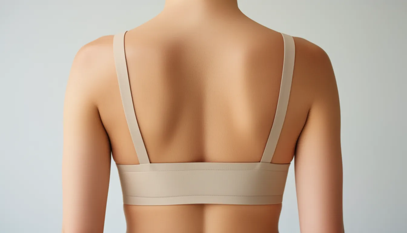 Back view of a beige bra with the band sitting straight and level across the ribcage, showing correct fit