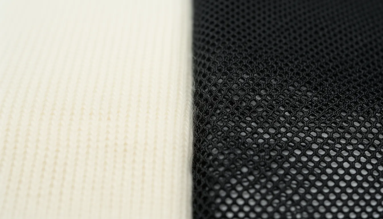 Macro close-up of cream cotton jersey knit next to dense black power mesh used in compression shapewear