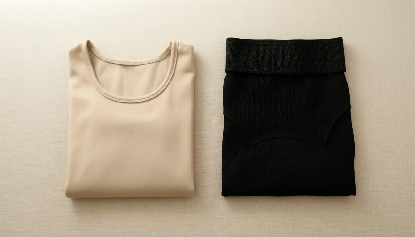 Flat-lay comparing a soft beige cotton fashion bodysuit with a black compression shapewear bodysuit with panel seams