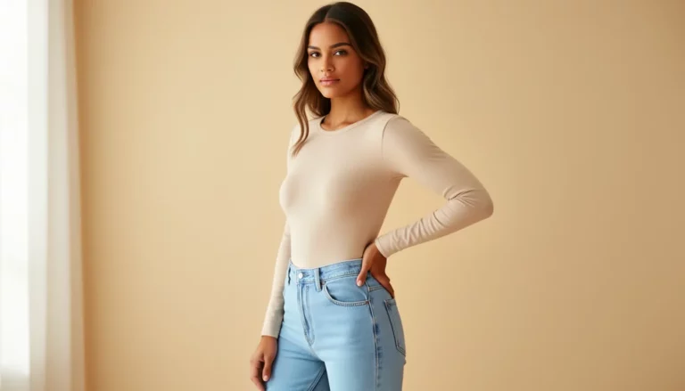 Woman in a beige cotton long-sleeve fashion bodysuit tucked into high-waisted jeans, showing a smooth natural waistline