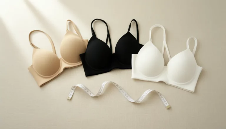 Three moulded-cup bras in beige, black and white laid flat with a cloth measuring tape