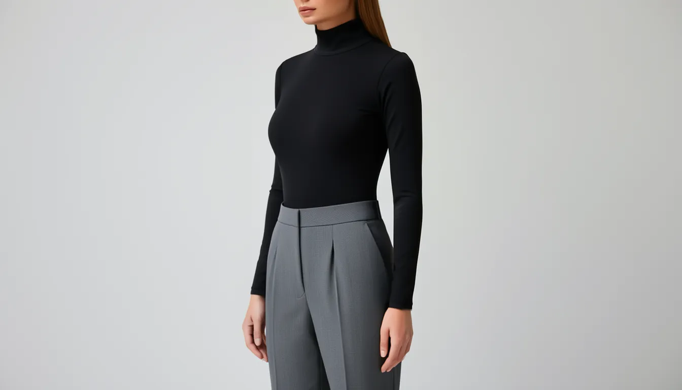 Black long-sleeve mock-neck microfibre bodysuit tucked into grey tailored trousers with a smooth waistband line