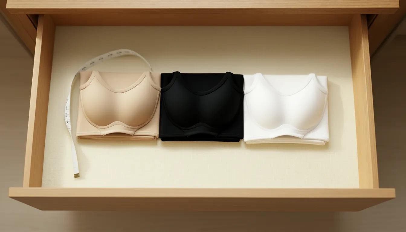 Three neutral bras folded side by side in an open drawer with a measuring tape, a three-bra rotation