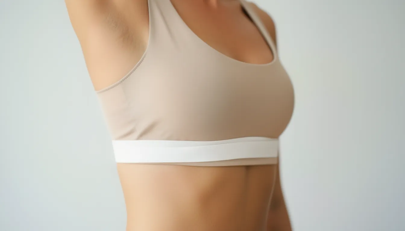 Side view of a woman in a plain beige bra with a tape sitting level at the underbust line where the band goes